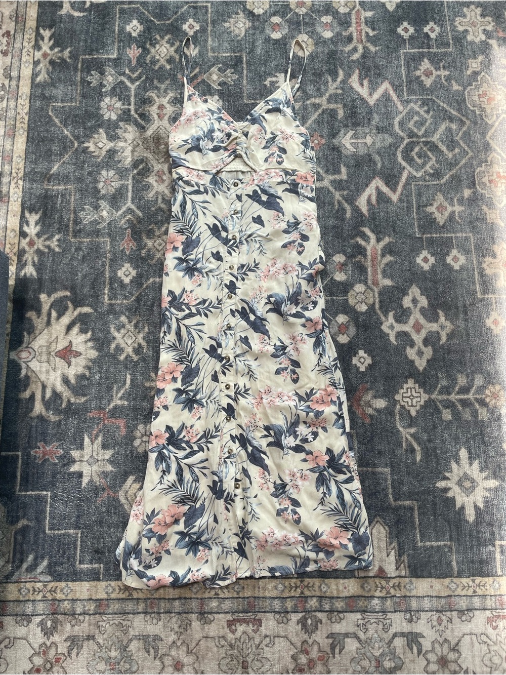 American Eagle Outfitters Cream Floral Maxi Dress with Blue and Pink Print